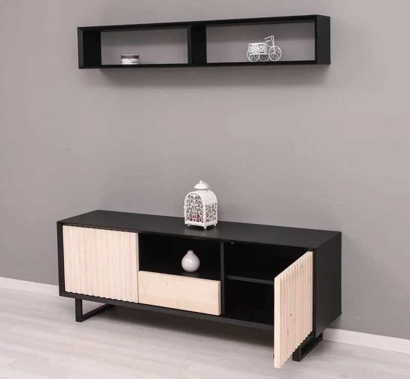 Wohnzimmer-Set | TV-Board aus Massivholz - Flaches Sideboard mit 2 Türen und Schublade und Wandregal