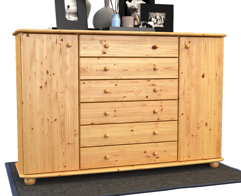 Anika Kommode XL Kiefer Massivholz | Sideboard mit 2 Türen & 6 Schubladen | 100% Bio Qualität