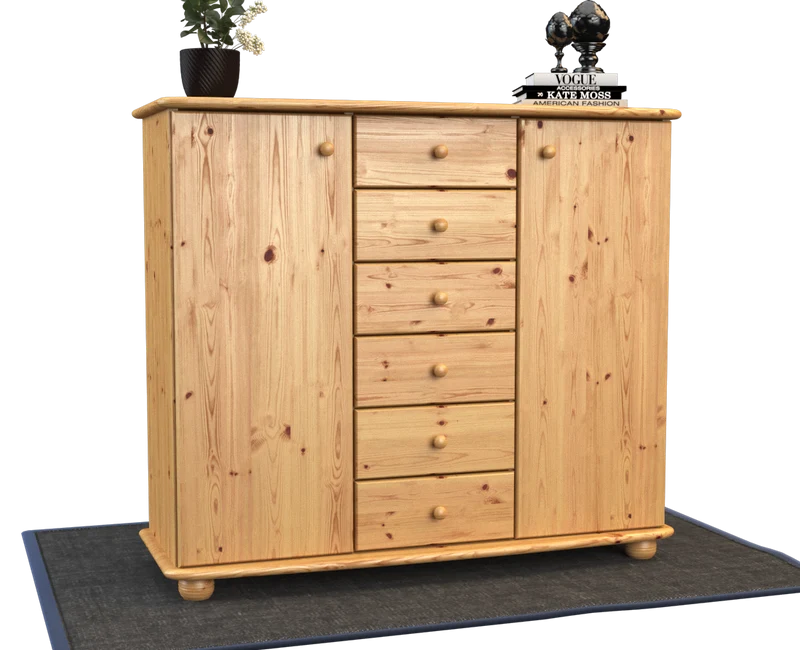 Anika Kommode Bio Kiefer Massivholz | 2-Türig Sideboard mit 6 Schubladen