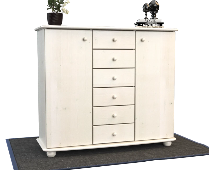 Anika Kommode Bio Kiefer Massivholz | 2-Türig Sideboard mit 6 Schubladen