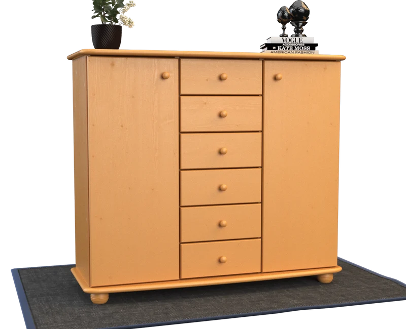 Anika Kommode Bio Kiefer Massivholz | 2-Türig Sideboard mit 6 Schubladen