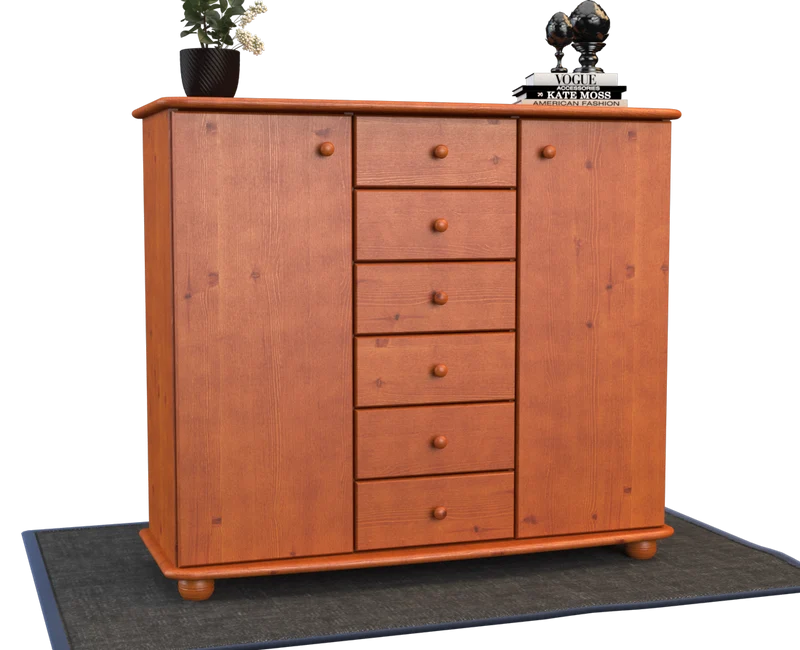 Anika Kommode Bio Kiefer Massivholz | 2-Türig Sideboard mit 6 Schubladen