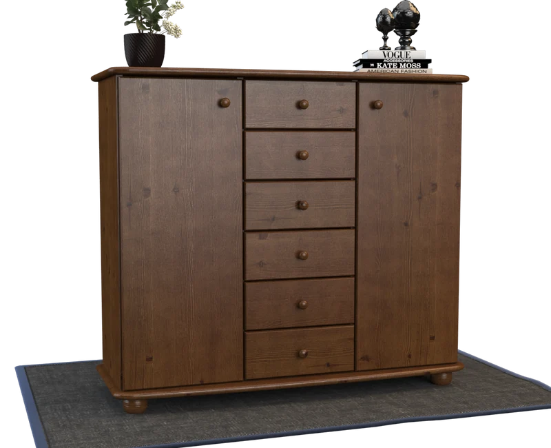 Anika Kommode Bio Kiefer Massivholz | 2-Türig Sideboard mit 6 Schubladen