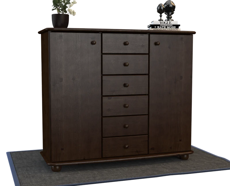 Anika Kommode Bio Kiefer Massivholz | 2-Türig Sideboard mit 6 Schubladen