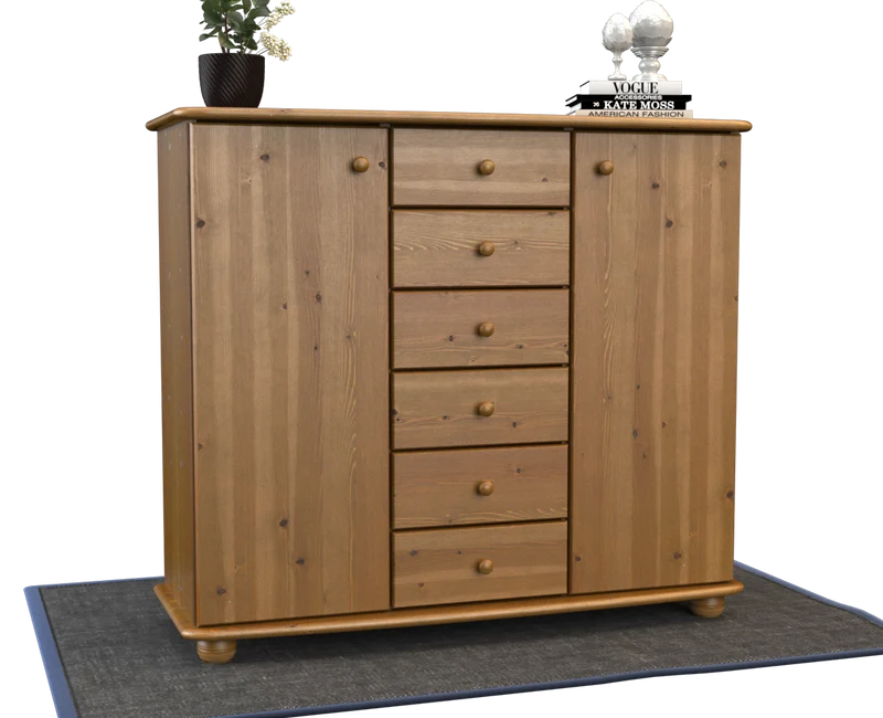 Anika Kommode Bio Kiefer Massivholz | 2-Türig Sideboard mit 6 Schubladen