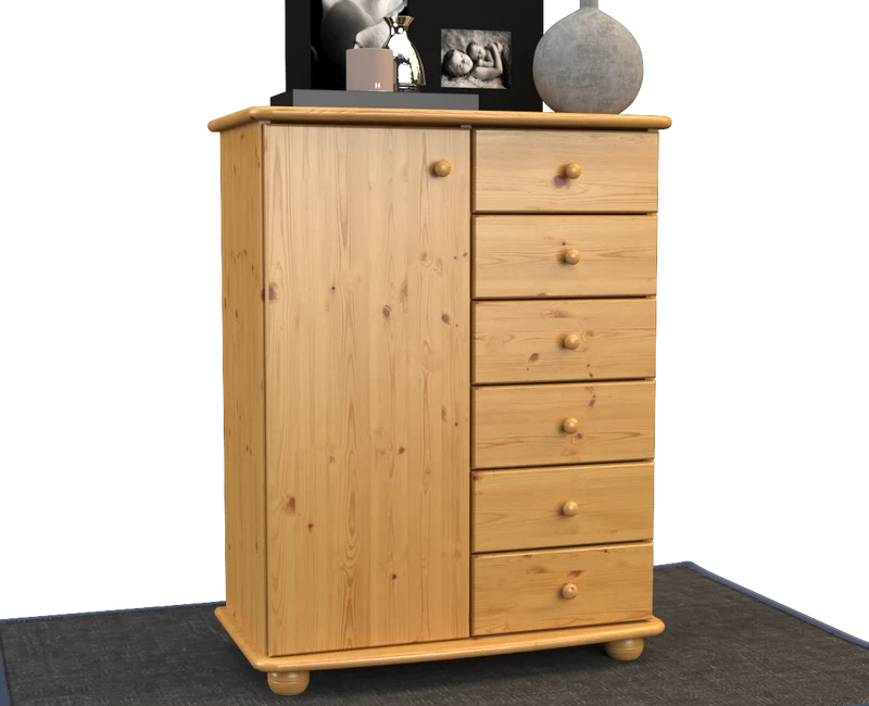 Anika Kommode 100% Bio Kiefer Massivholz | Sideboard mit 6 Schubladen und 1 Tür aus solidem Holz