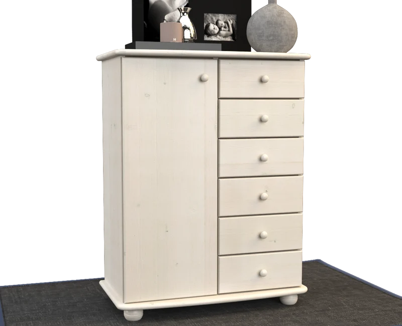 Anika Kommode 100% Bio Kiefer Massivholz | Sideboard mit 6 Schubladen und 1 Tür aus solidem Holz