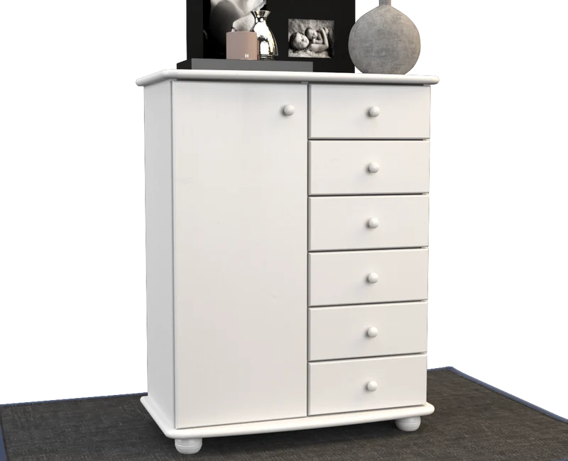Anika Kommode 100% Bio Kiefer Massivholz | Sideboard mit 6 Schubladen und 1 Tür aus solidem Holz
