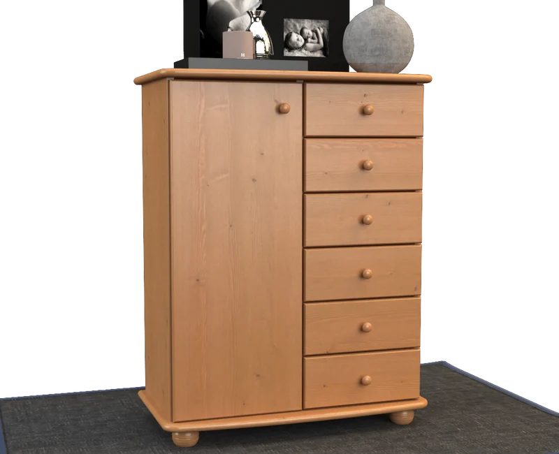 Anika Kommode 100% Bio Kiefer Massivholz | Sideboard mit 6 Schubladen und 1 Tür aus solidem Holz