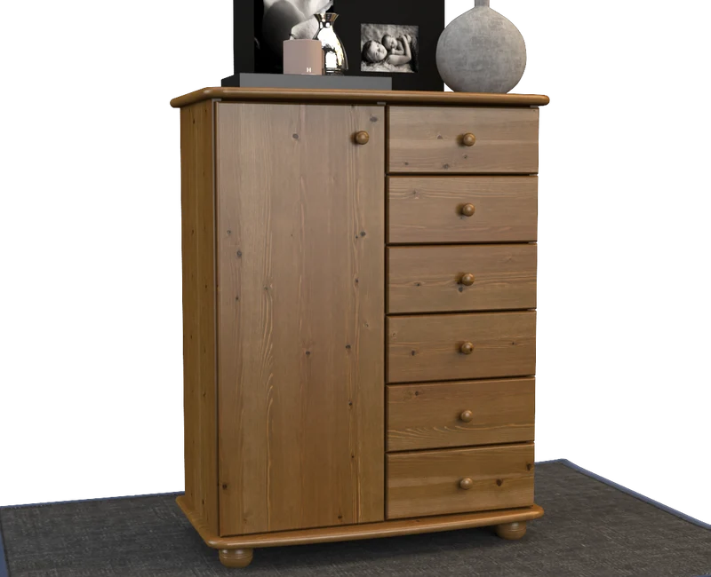 Anika Kommode 100% Bio Kiefer Massivholz | Sideboard mit 6 Schubladen und 1 Tür aus solidem Holz