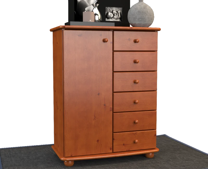 Anika Kommode 100% Bio Kiefer Massivholz | Sideboard mit 6 Schubladen und 1 Tür aus solidem Holz
