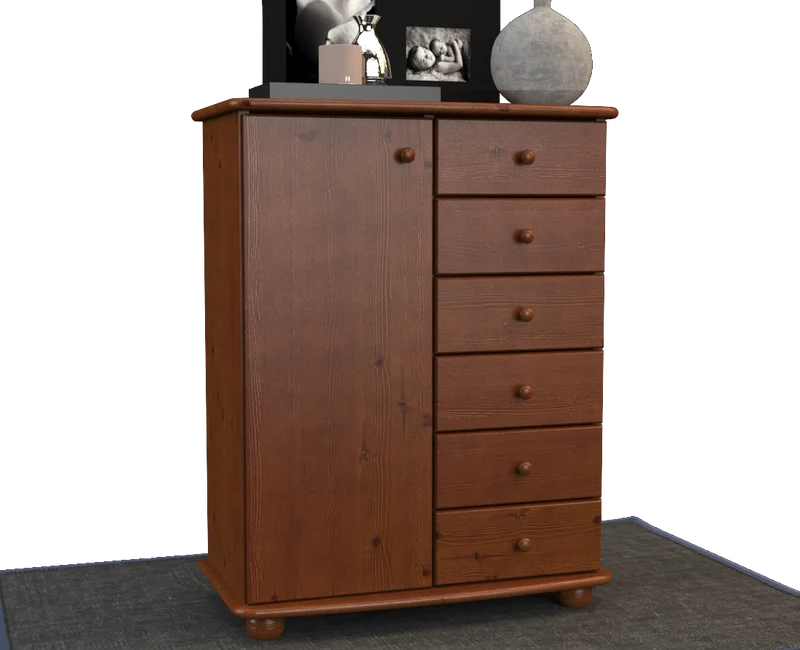 Anika Kommode 100% Bio Kiefer Massivholz | Sideboard mit 6 Schubladen und 1 Tür aus solidem Holz