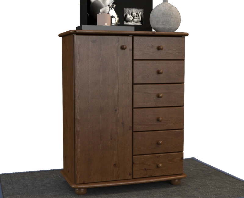 Anika Kommode 100% Bio Kiefer Massivholz | Sideboard mit 6 Schubladen und 1 Tür aus solidem Holz
