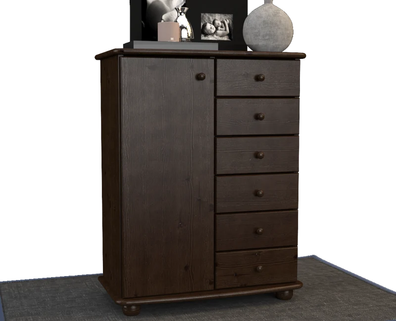 Anika Kommode 100% Bio Kiefer Massivholz | Sideboard mit 6 Schubladen und 1 Tür aus solidem Holz