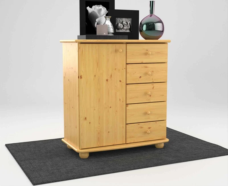 Anika Kommode Bio Kiefer Massivholz | Sideboard mit 5 Schubladen und 1 Tür