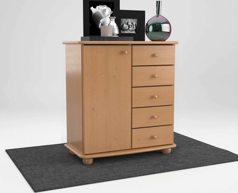 Anika Kommode Bio Kiefer Massivholz | Sideboard mit 5 Schubladen und 1 Tür