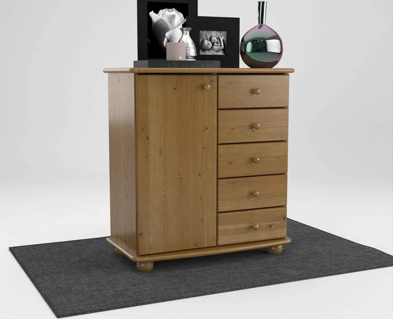 Anika Kommode Bio Kiefer Massivholz | Sideboard mit 5 Schubladen und 1 Tür