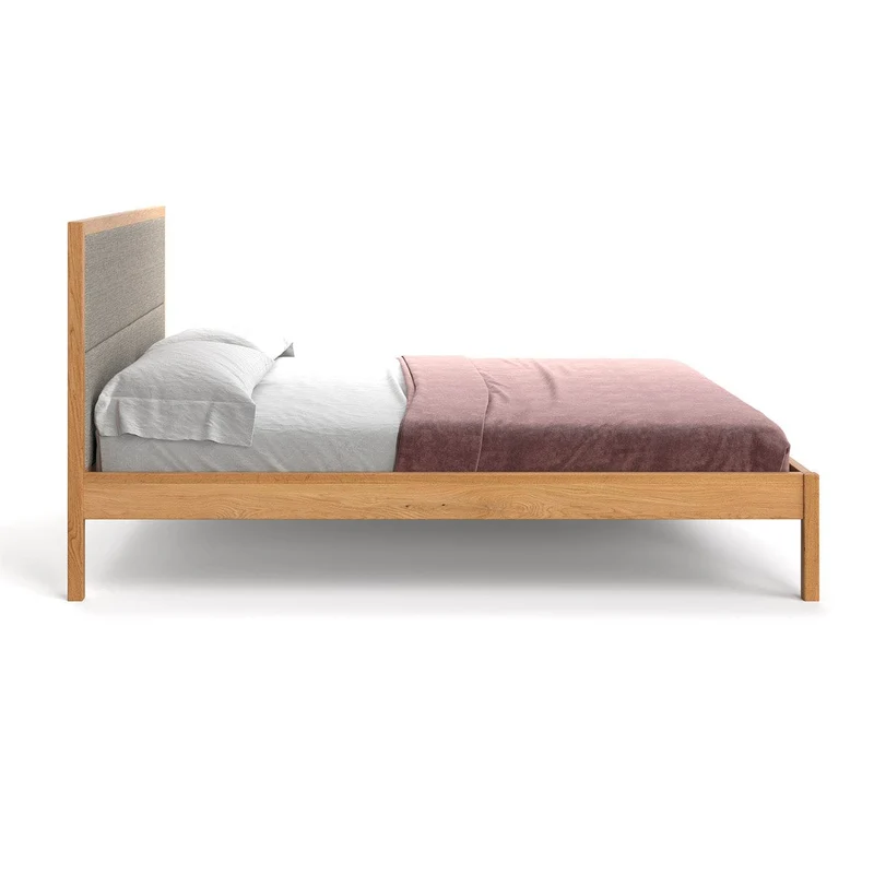 Schlafzimmer-Set | Schlankes Bett aus massiver Eiche mit Textil Kopfteil in verschiedenen Farben mit zwei Nachttischen | Moon