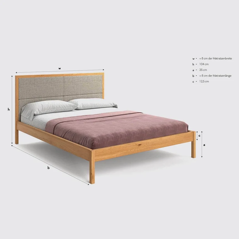 Schlafzimmer-Set | Schlankes Bett aus massiver Eiche mit Textil Kopfteil in verschiedenen Farben mit zwei Nachttischen | Moon
