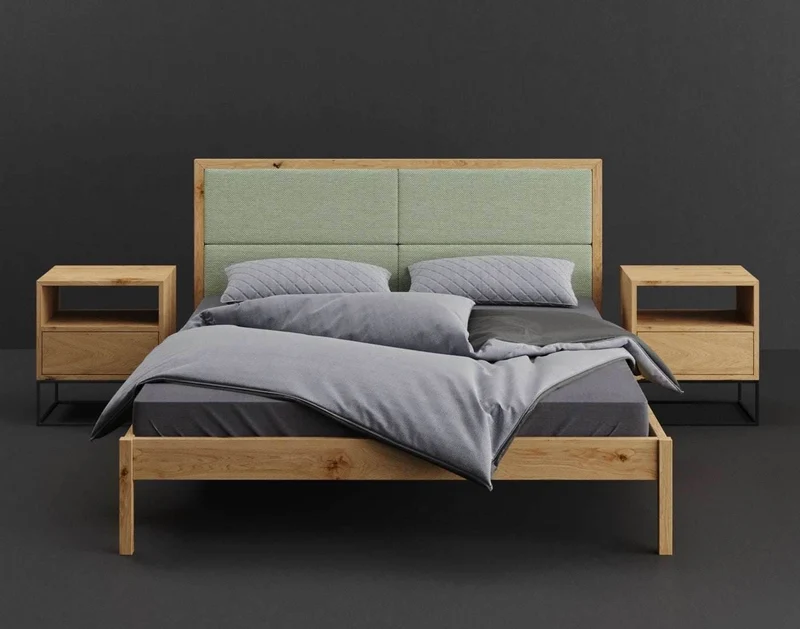 Schlafzimmer-Set | Schlankes Bett aus massiver Eiche mit Textil Kopfteil in verschiedenen Farben mit zwei Nachttischen | Moon