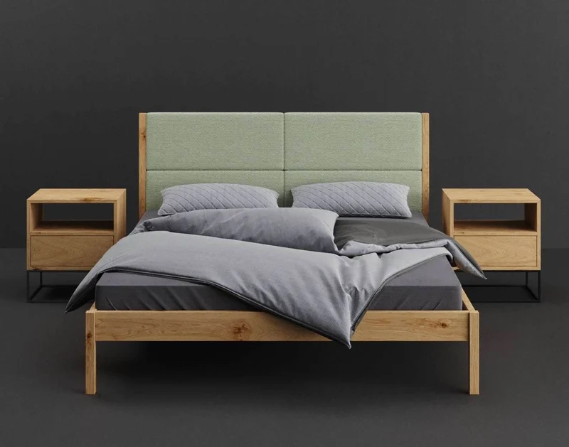 Schlafzimmer-Set | Schlankes Bett aus massiver Eiche mit Textil Kopfteil in verschiedenen Farben mit zwei Nachttischen | Moon