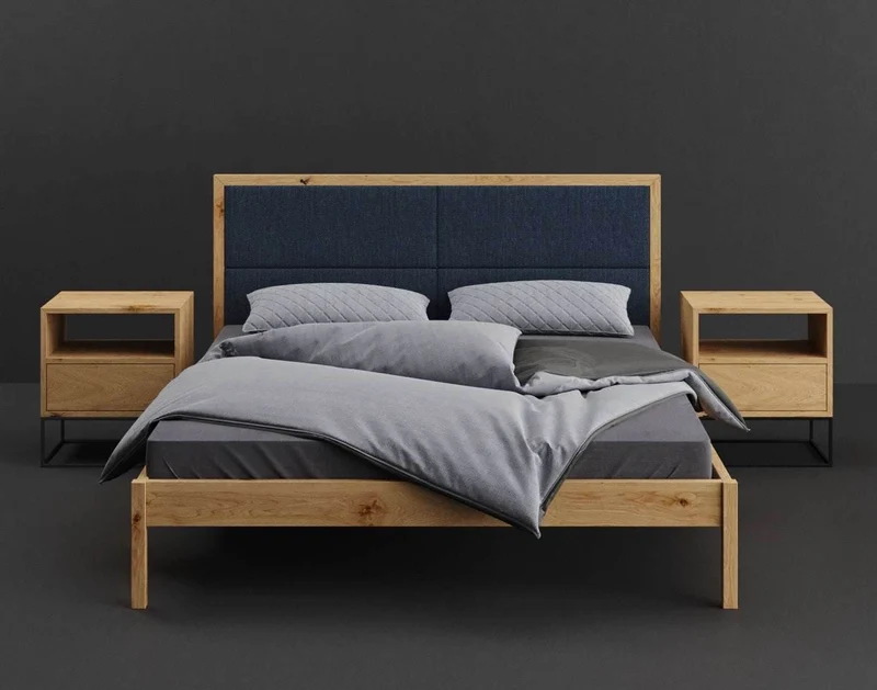 Schlafzimmer-Set | Schlankes Bett aus massiver Eiche mit Textil Kopfteil in verschiedenen Farben mit zwei Nachttischen | Moon