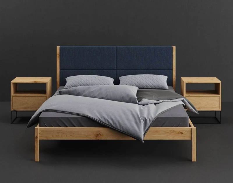 Schlafzimmer-Set | Schlankes Bett aus massiver Eiche mit Textil Kopfteil in verschiedenen Farben mit zwei Nachttischen | Moon
