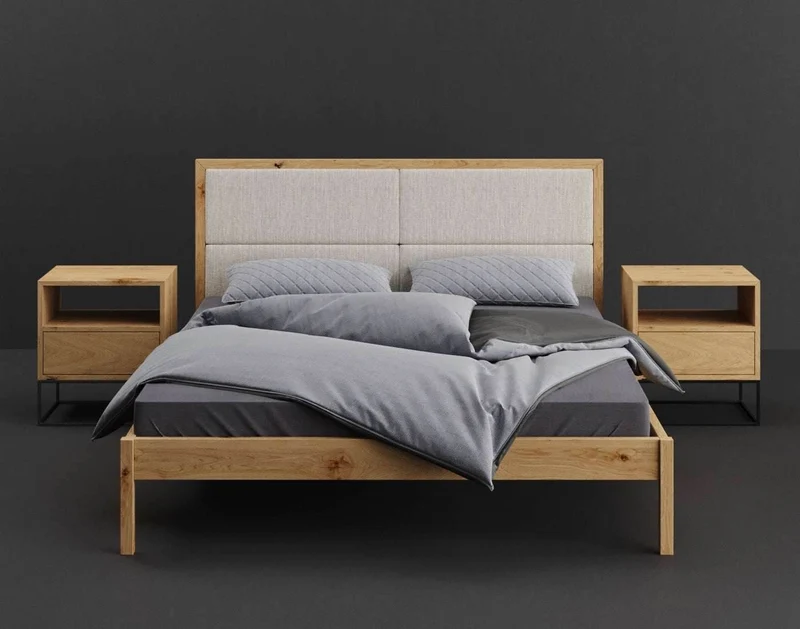 Schlafzimmer-Set | Schlankes Bett aus massiver Eiche mit Textil Kopfteil in verschiedenen Farben mit zwei Nachttischen | Moon