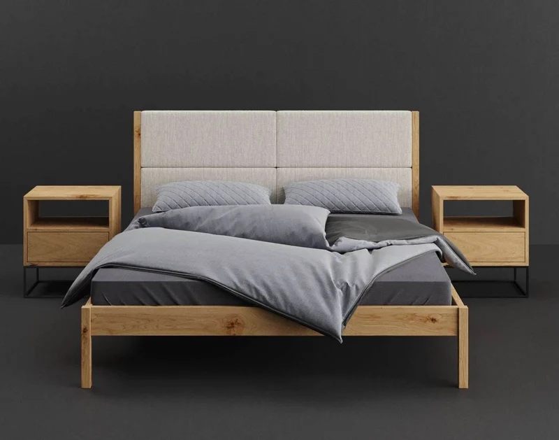 Schlafzimmer-Set | Schlankes Bett aus massiver Eiche mit Textil Kopfteil in verschiedenen Farben mit zwei Nachttischen | Moon