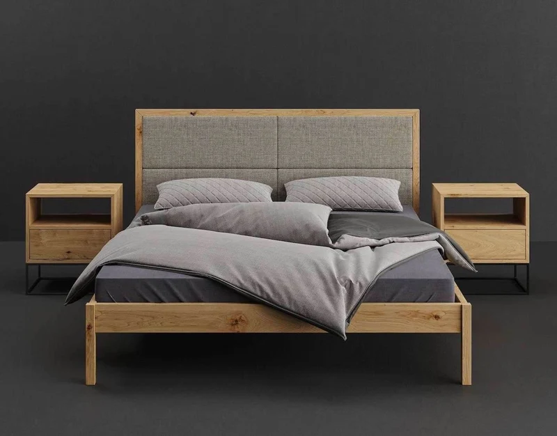 Schlafzimmer-Set | Schlankes Bett aus massiver Eiche mit Textil Kopfteil in verschiedenen Farben mit zwei Nachttischen | Moon