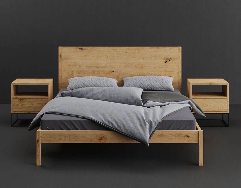 Schlafzimmer-Set | Schlankes Bett aus massiver Eiche mit Textil Kopfteil in verschiedenen Farben mit zwei Nachttischen | Moon
