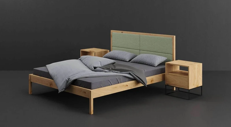 Schlafzimmer-Set | Schlankes Bett aus massiver Eiche mit Textil Kopfteil in verschiedenen Farben mit zwei Nachttischen | Moon