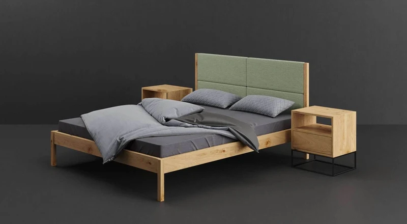 Schlafzimmer-Set | Schlankes Bett aus massiver Eiche mit Textil Kopfteil in verschiedenen Farben mit zwei Nachttischen | Moon