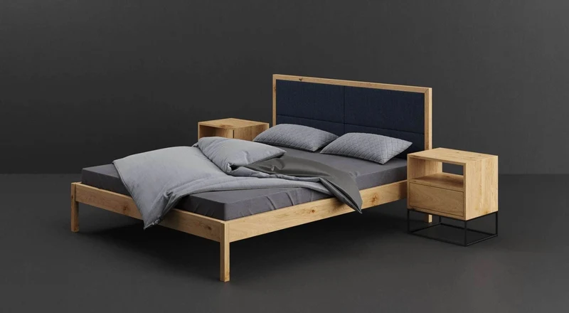 Schlafzimmer-Set | Schlankes Bett aus massiver Eiche mit Textil Kopfteil in verschiedenen Farben mit zwei Nachttischen | Moon