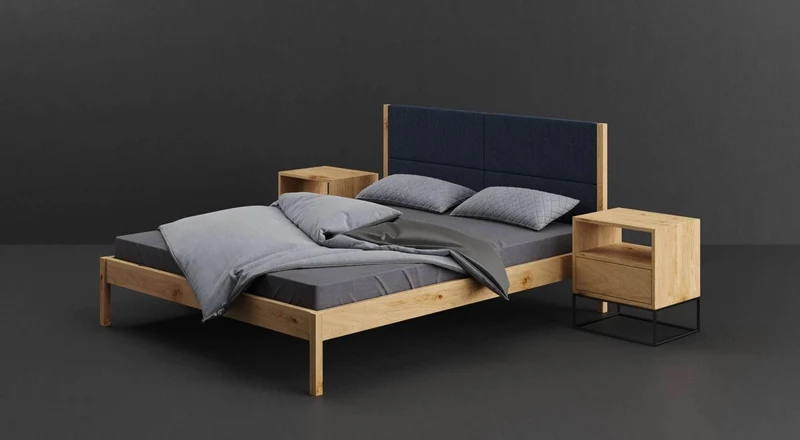 Schlafzimmer-Set | Schlankes Bett aus massiver Eiche mit Textil Kopfteil in verschiedenen Farben mit zwei Nachttischen | Moon