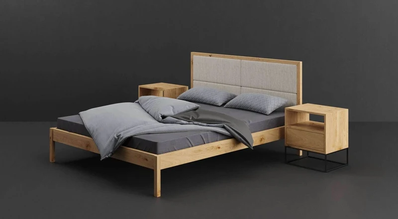 Schlafzimmer-Set | Schlankes Bett aus massiver Eiche mit Textil Kopfteil in verschiedenen Farben mit zwei Nachttischen | Moon