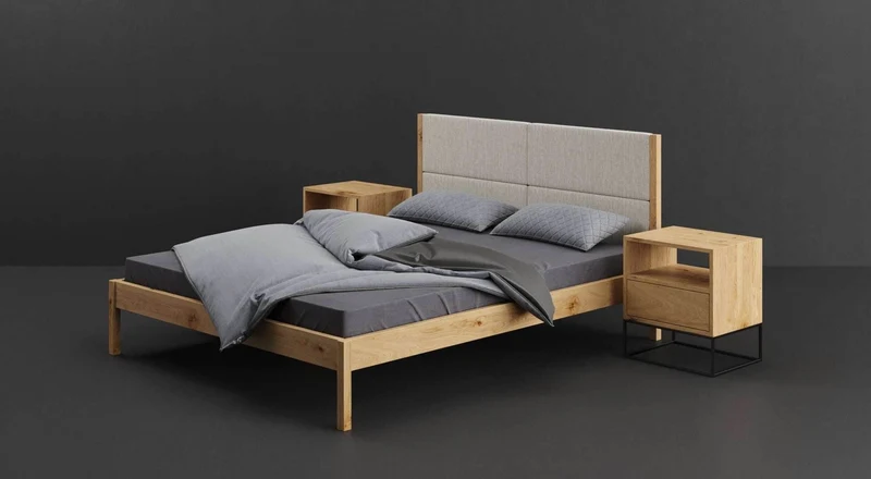 Schlafzimmer-Set | Schlankes Bett aus massiver Eiche mit Textil Kopfteil in verschiedenen Farben mit zwei Nachttischen | Moon