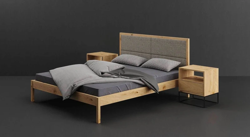 Schlafzimmer-Set | Schlankes Bett aus massiver Eiche mit Textil Kopfteil in verschiedenen Farben mit zwei Nachttischen | Moon
