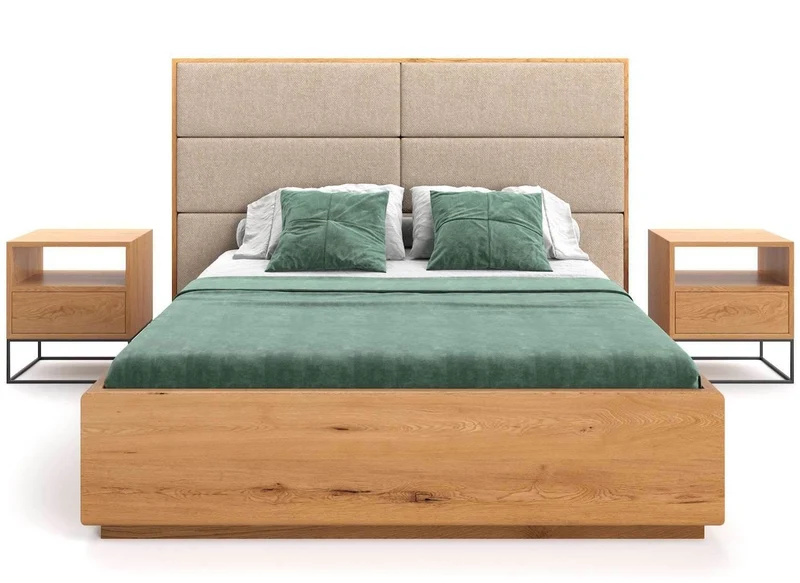 Schlafzimmer-Set | Bett aus massiver Eiche mit Textil Kopfteil und Bettkasten in verschiedenen Farben | DOME Z Bett und 2 x Nachttisch Moon
