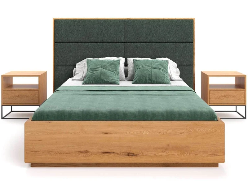 Schlafzimmer-Set | Bett aus massiver Eiche mit Textil Kopfteil und Bettkasten in verschiedenen Farben | DOME Z Bett und 2 x Nachttisch Moon