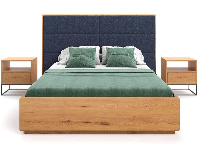 Schlafzimmer-Set | Bett aus massiver Eiche mit Textil Kopfteil und Bettkasten in verschiedenen Farben | DOME Z Bett und 2 x Nachttisch Moon