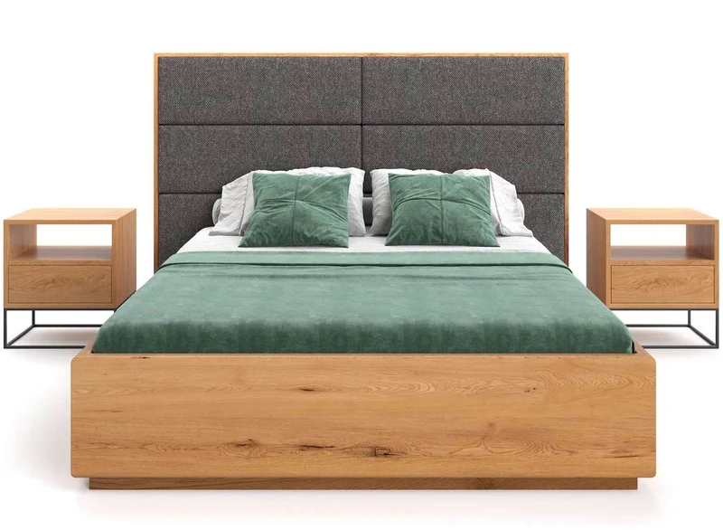 Schlafzimmer-Set | Bett aus massiver Eiche mit Textil Kopfteil und Bettkasten in verschiedenen Farben | DOME Z Bett und 2 x Nachttisch Moon