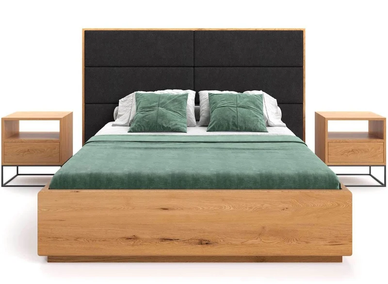 Schlafzimmer-Set | Bett aus massiver Eiche mit Textil Kopfteil und Bettkasten in verschiedenen Farben | DOME Z Bett und 2 x Nachttisch Moon