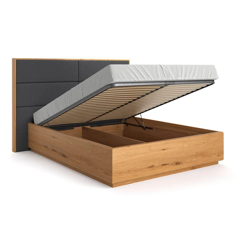 Schlafzimmer-Set | Bett aus massiver Eiche mit Textil Kopfteil und Bettkasten in verschiedenen Farben | DOME Z Bett und 2 x Nachttisch Moon