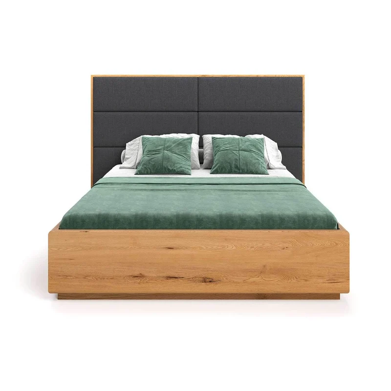 Schlafzimmer-Set | Bett aus massiver Eiche mit Textil Kopfteil und Bettkasten in verschiedenen Farben | DOME Z Bett und 2 x Nachttisch Moon