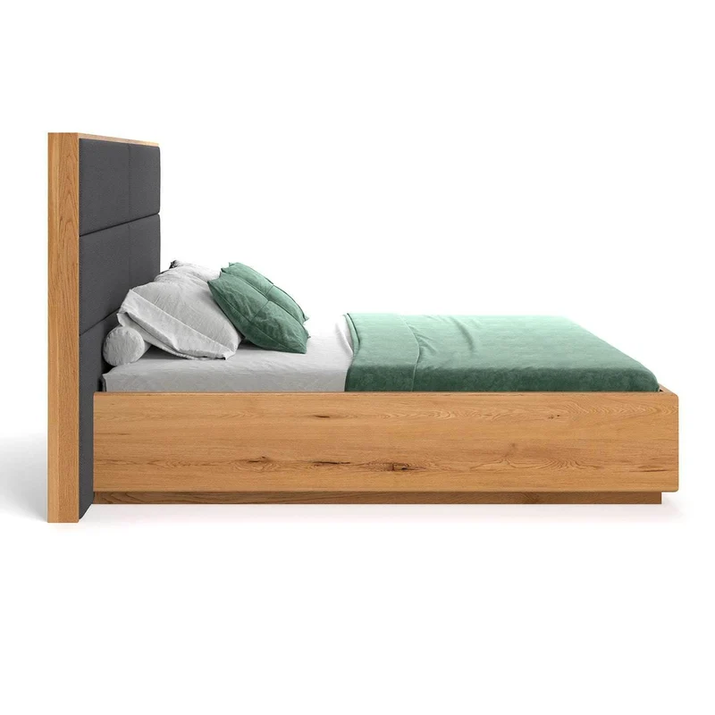 Schlafzimmer-Set | Bett aus massiver Eiche mit Textil Kopfteil und Bettkasten in verschiedenen Farben | DOME Z Bett und 2 x Nachttisch Moon