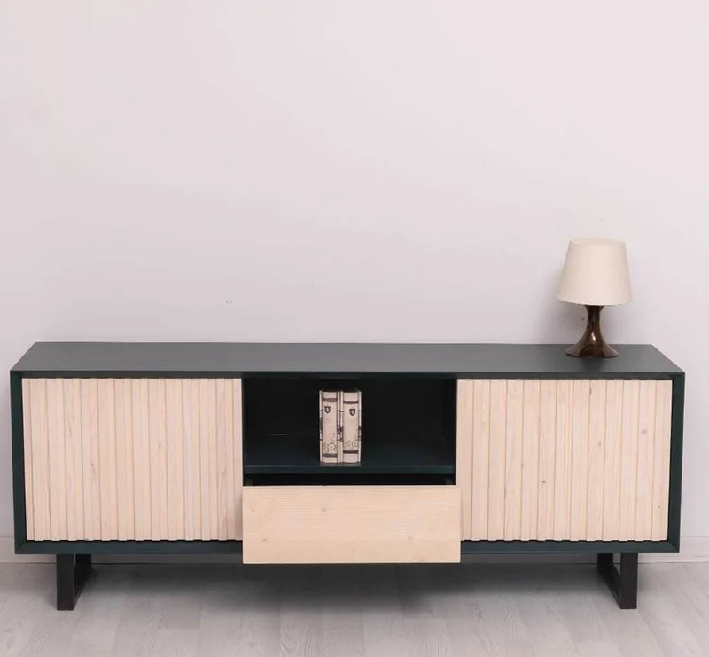 TV-Board aus Massivholz | Flaches Sideboard mit 2 Türen und Schublade