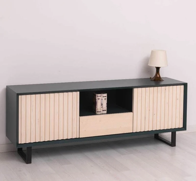 TV-Board aus Massivholz | Flaches Sideboard mit 2 Türen und Schublade