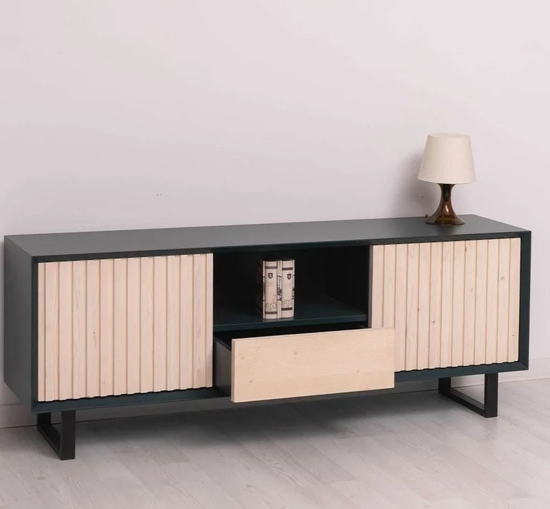 TV-Board aus Massivholz | Flaches Sideboard mit 2 Türen und Schublade