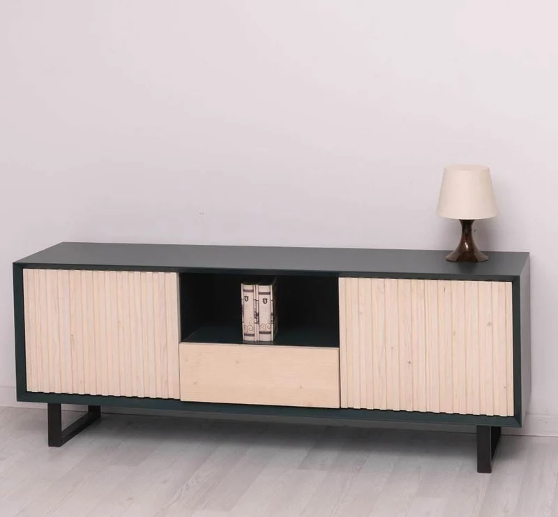 TV-Board aus Massivholz | Flaches Sideboard mit 2 Türen und Schublade